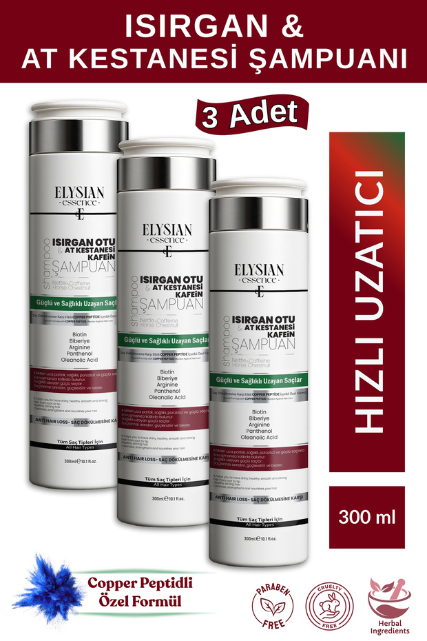 Nettle & Horse Chestnut & Caffeine Shampoo 3 Pieces | Fast Hair Growth with Copper Peptide Effective in Lengthening Hair
