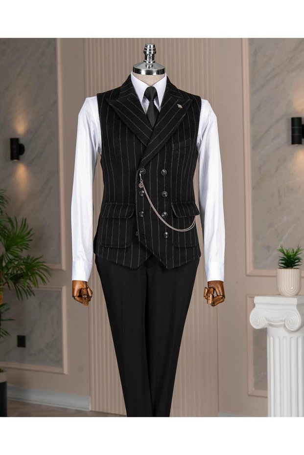 Italian Style S Slim Fit Men's K Double-Breasted Ç Striped K Melton Cepken Y Vest Black T20015-01