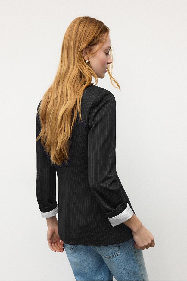 Basic çizgili blazer ceket - 5