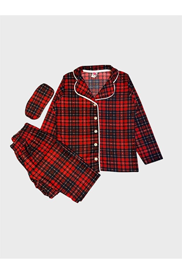 Boys' Cotton Suede Fabric Red Plaid Patterned Shirt Collar Buttoned Sleep Band Pajama Set