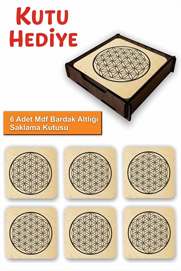 Sacred Geometry 6-Piece Mdf Coaster Set | Flower of Life | Wooden Box with Gift