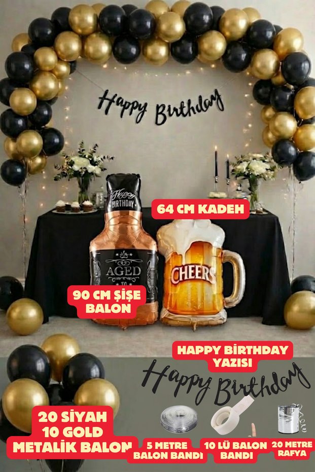 Bottle and Glass Themed Party Set - Black Gold Adult Birthday Concept