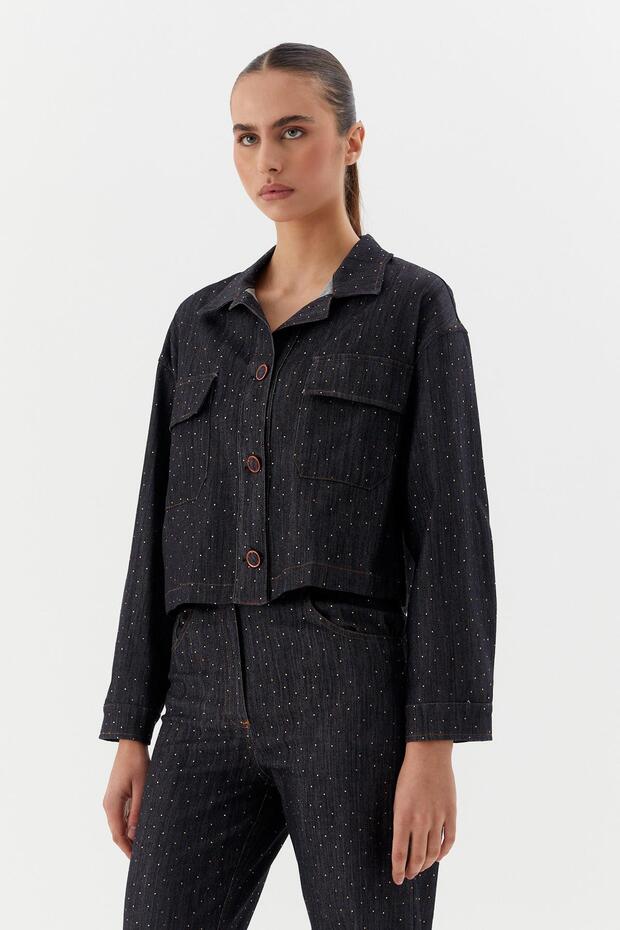 Denim Coat with Sprinkled Stones Black