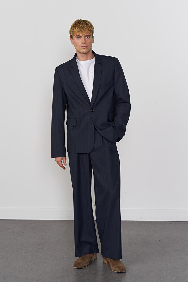 Çizgili Tek Düğmeli Ceket - 2