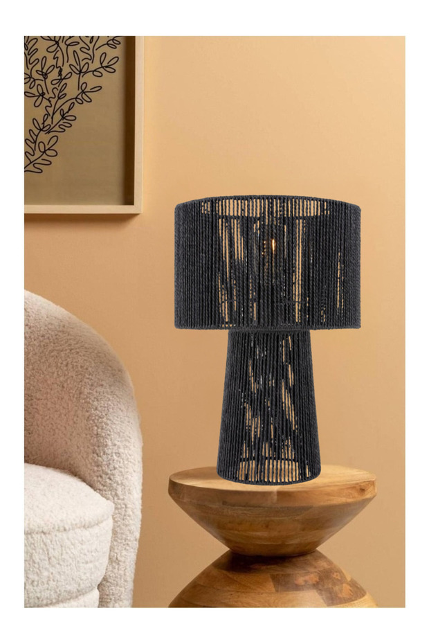 Black Paper Rope Bohemian Rustic Modern Nordic Style Cylinder Lampshade Lighting Table Lamp