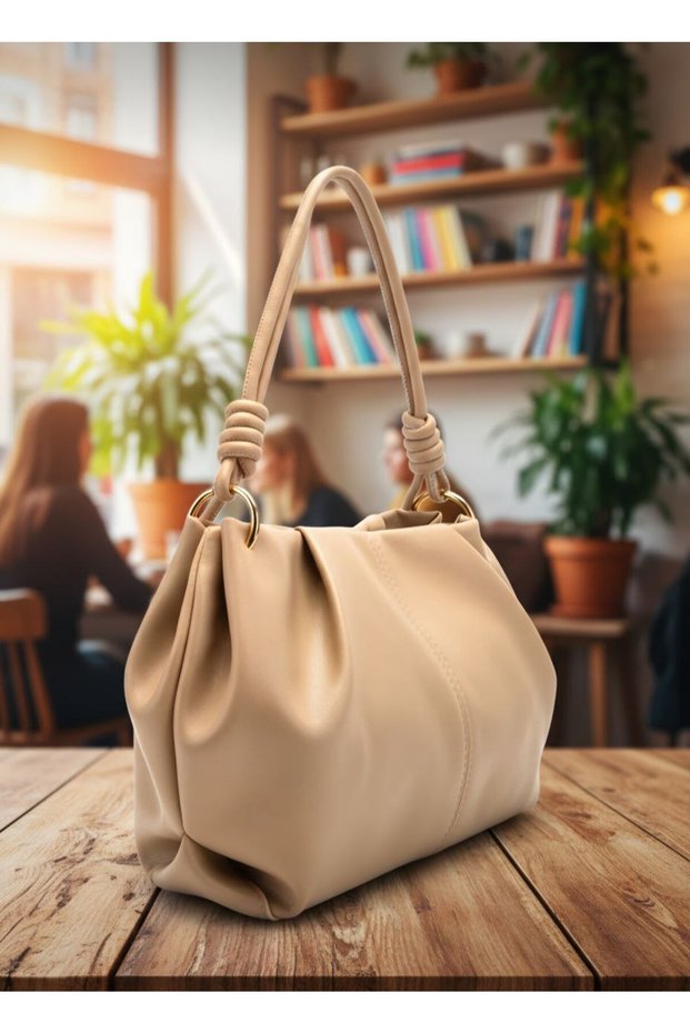 Ruched Detail Faux Leather Chen Medium Size Hand and Shoulder Bag Strap Knot Detail Size 35X20 cm