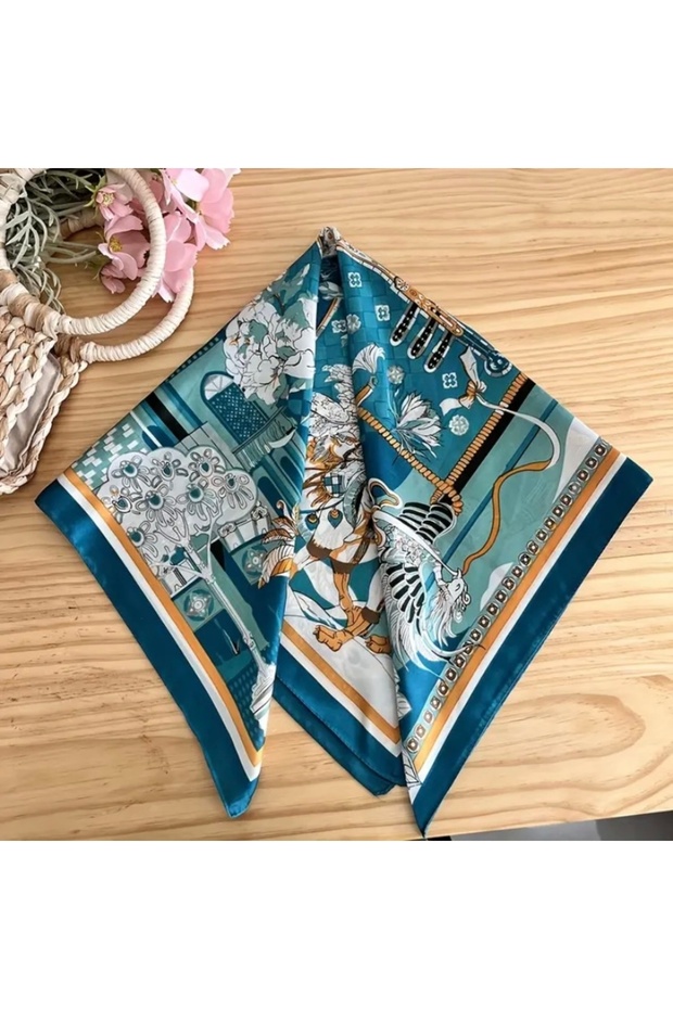 Hei Green Patterned Stylish Silk-Look Women's Accessory Scarf Foulard