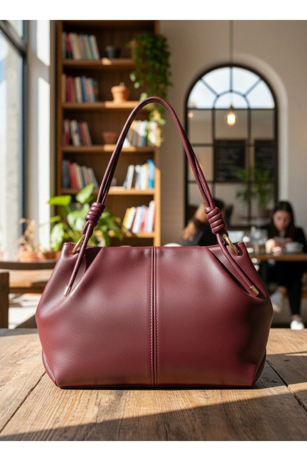 Ruched Detail Faux Leather Chen Medium Size Hand and Shoulder Bag Strap Knot Detail Size 35X20 cm