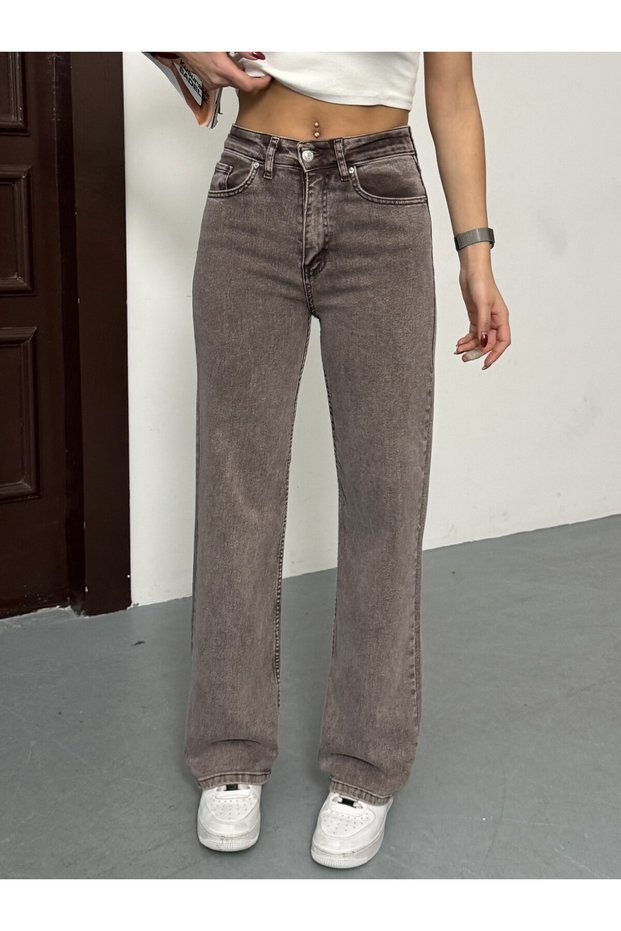 Women's Brown High-Waisted Stretch Fabric Wide Leg Palazzo Jeans