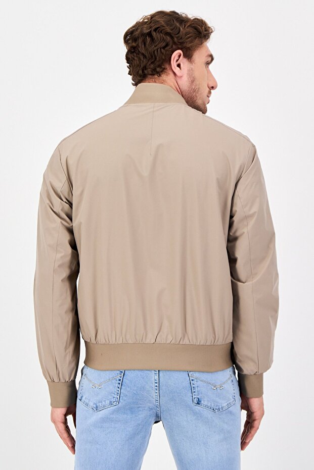 Men Solid Bomber Jacket, Khaki - 3