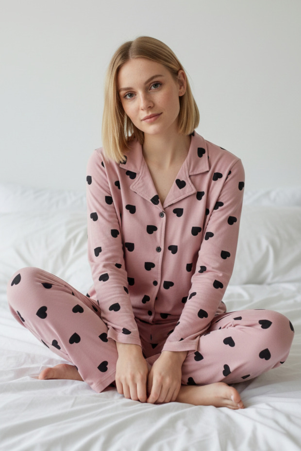 Heart Patterned Milan Fabric Shirt Collar Powder Women's Pajama Set