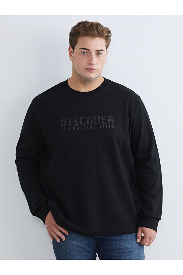 Lcwaikiki Classic Black Large Size Crew Neck Printed Men's Sweatshirt