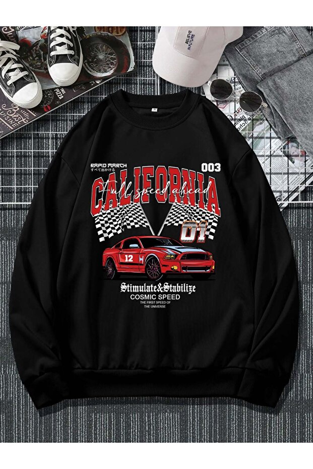 California Car Printed Men's Winter Sweatshirt Black