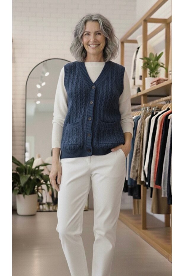 Women's Double Pocket Navy Blue Knit Vest