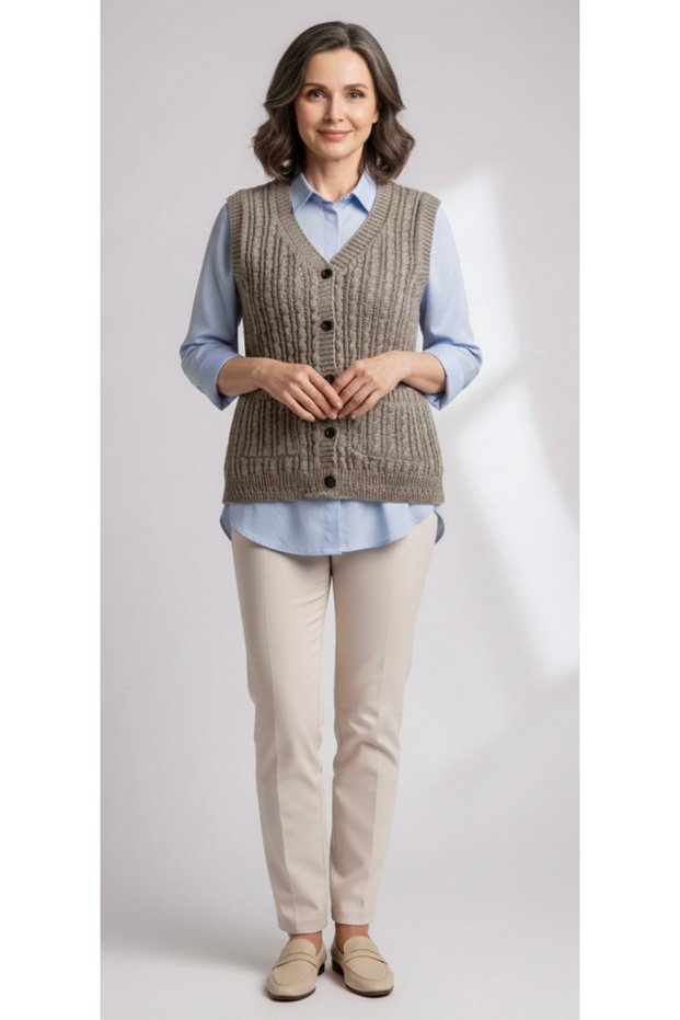 Women's Double Pocket Beige Color Knitwear Vest