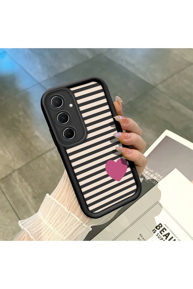 Samsung Galaxy A55 Compatible Black Silicone Heart Pattern Lens Protection Shock Absorbing Flexible Case