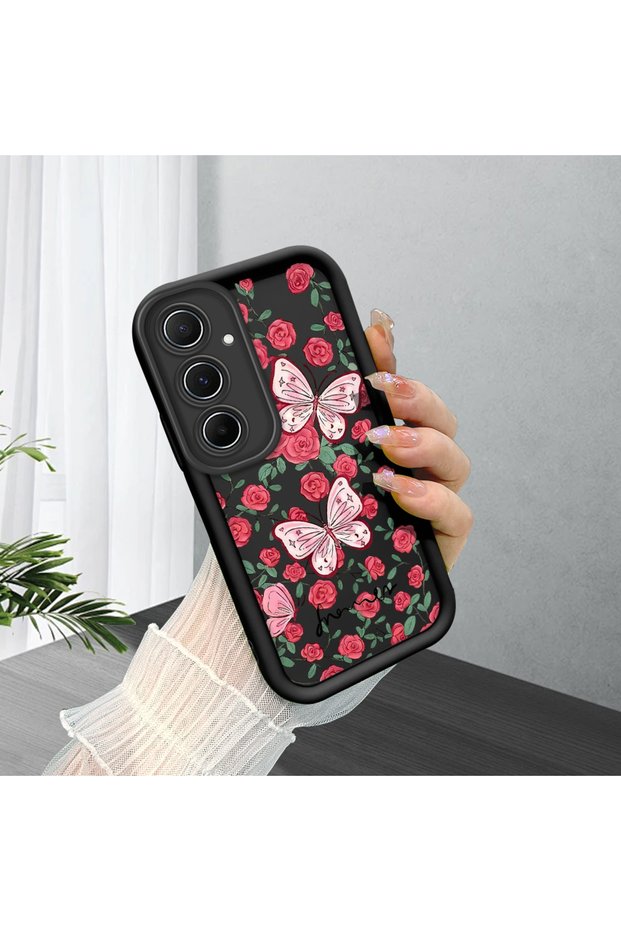 Samsung Galaxy A55 Compatible Black Silicone Lens Protection Shock Absorbing Flexible Case Floral Butterfly Pattern