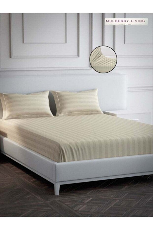 100% Cotton - 300Tc Elysian Stripes Queen Size Fitted Bedsheet With 2 Pillow Covers