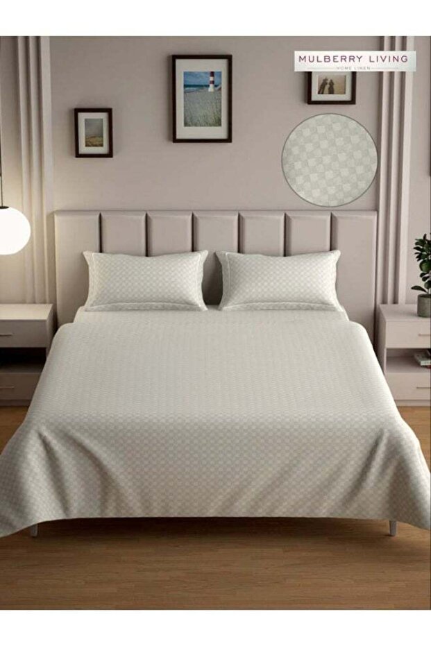 100% Cotton - 300Tc Urban Grid Queen Size Flat Bedsheet With 2 Pillow Covers - Ivory