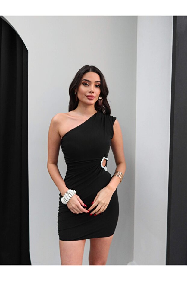 Tek Omuz Taşlı Drapeli Mini Elbise - 1