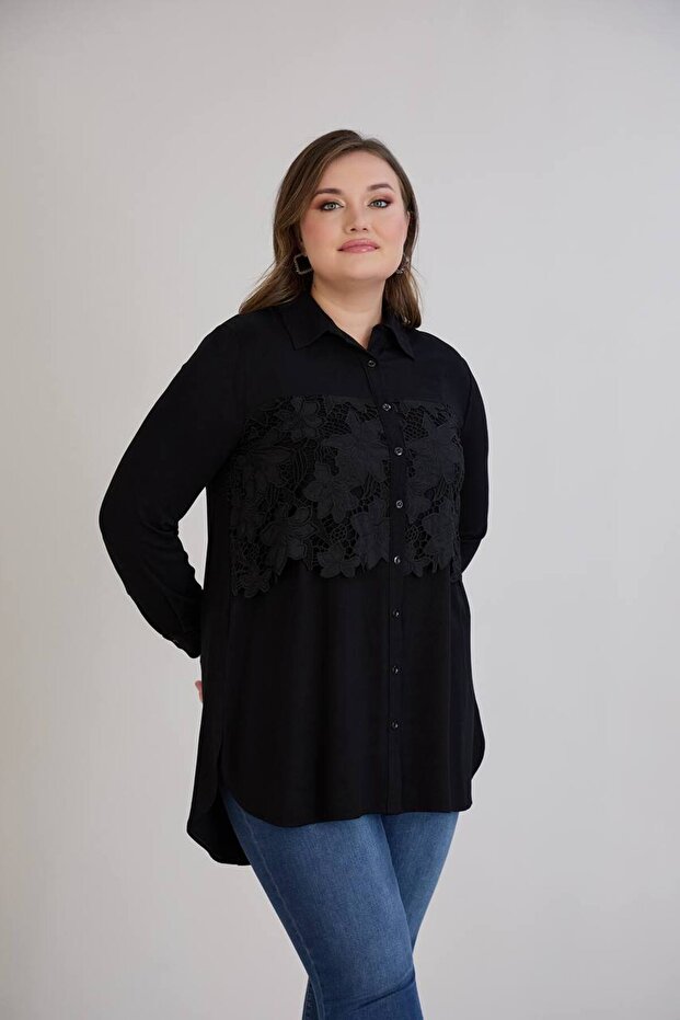 Elegant Women's 100% Cotton Classic Guipure Embroidered Button Closure Plus Size Women's Tunic Blouse