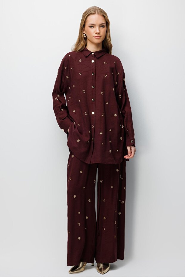 Moon and Star Pattern Embroidered Shirt Pants Set