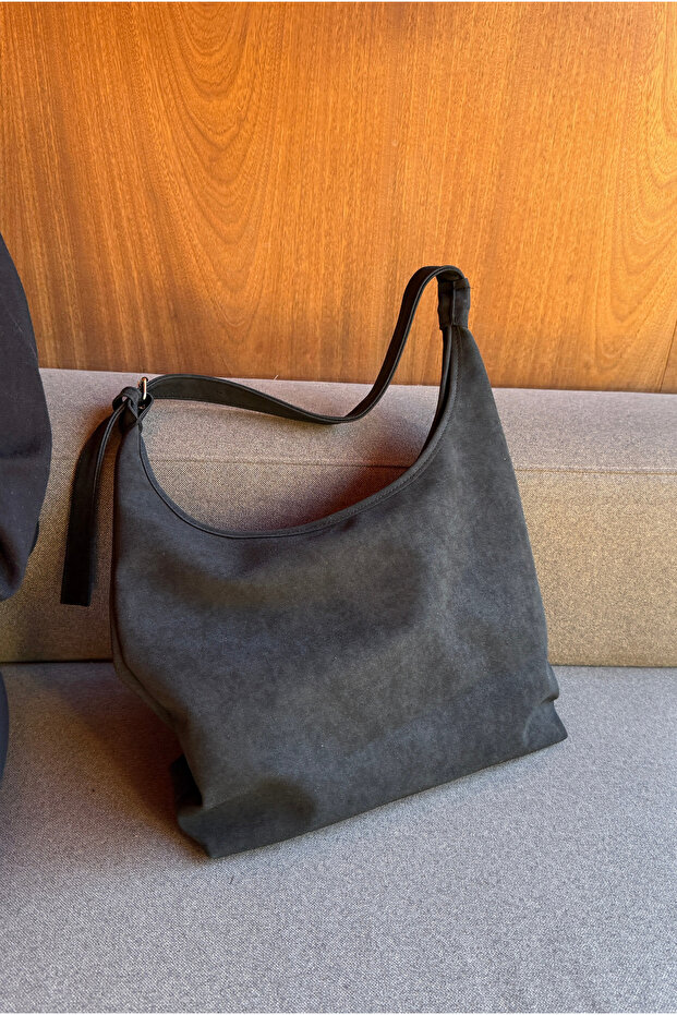 Women's Hand and Shoulder Bag Black Suede