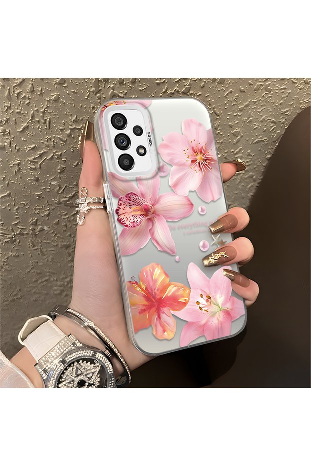 Samsung Galaxy A73 Compatible Flower Pattern Matte Glossy Surface Impact Protection Colorful Silver Case