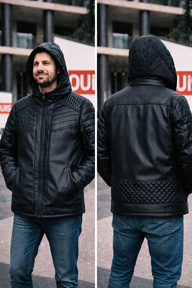Faux Leather with Fur Inside Slim Fit Hooded Hoodie Fabric with Fleece