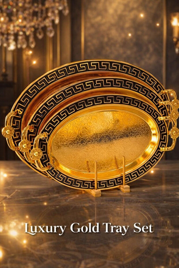 3lü çelik sofra tepsi gold renk - 2