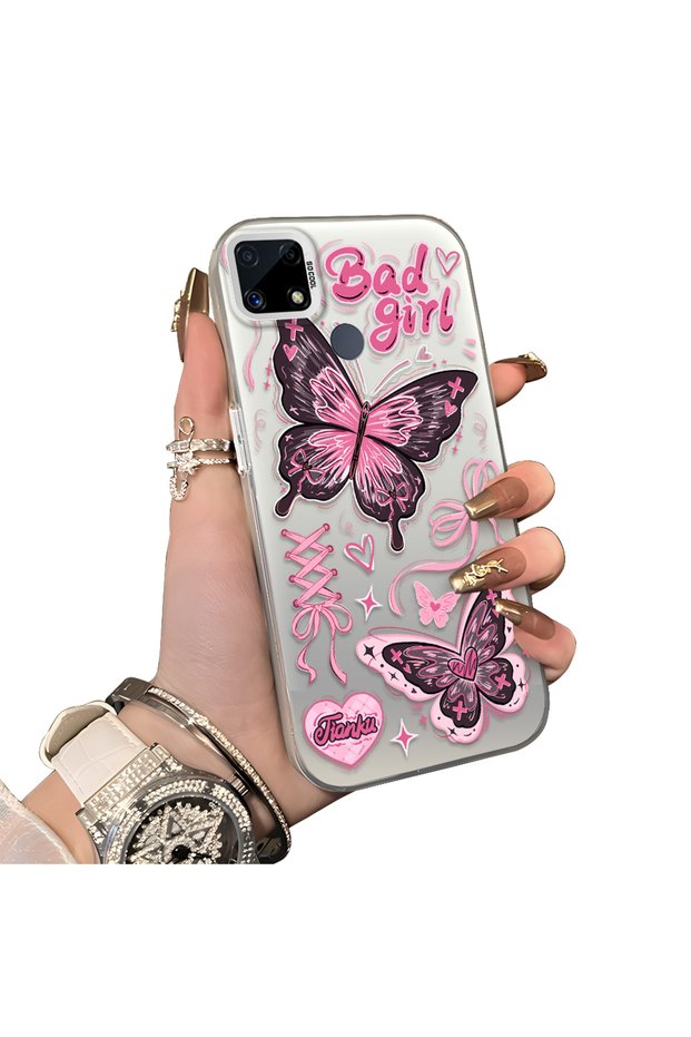 Realme C25 Compatible Colorful Silver Matte Shiny Surface Impact Protection Case with Butterfly Pattern