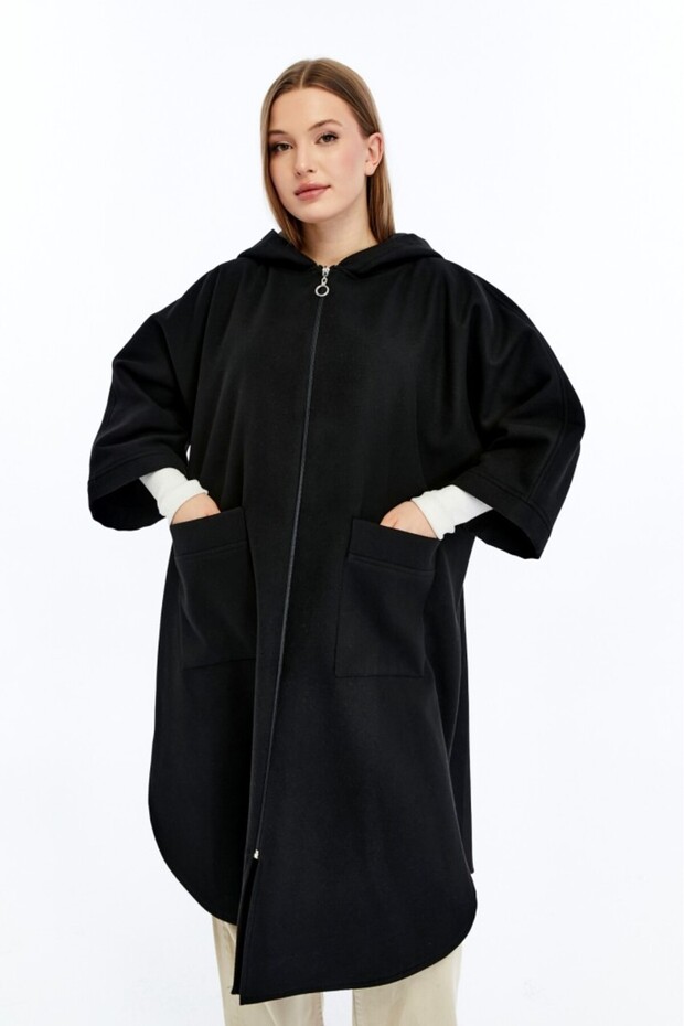 Kışlık Kapüşonlu Kaşe Panço - 1