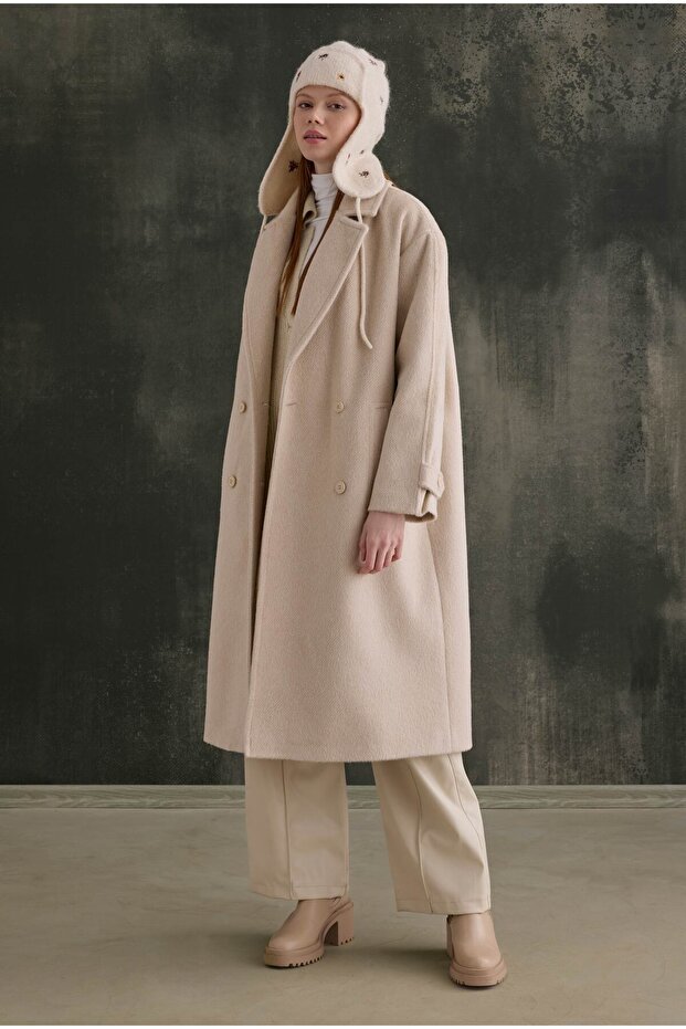 Double-Breasted Long Coat Bone - 2