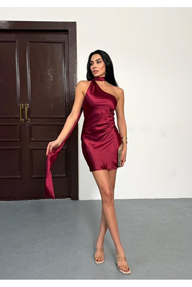 Women's Off-The-Shoulder and Backless Satin Fabric Mini Dress