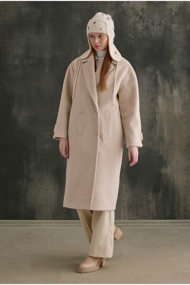 Double-Breasted Long Coat Bone - 3