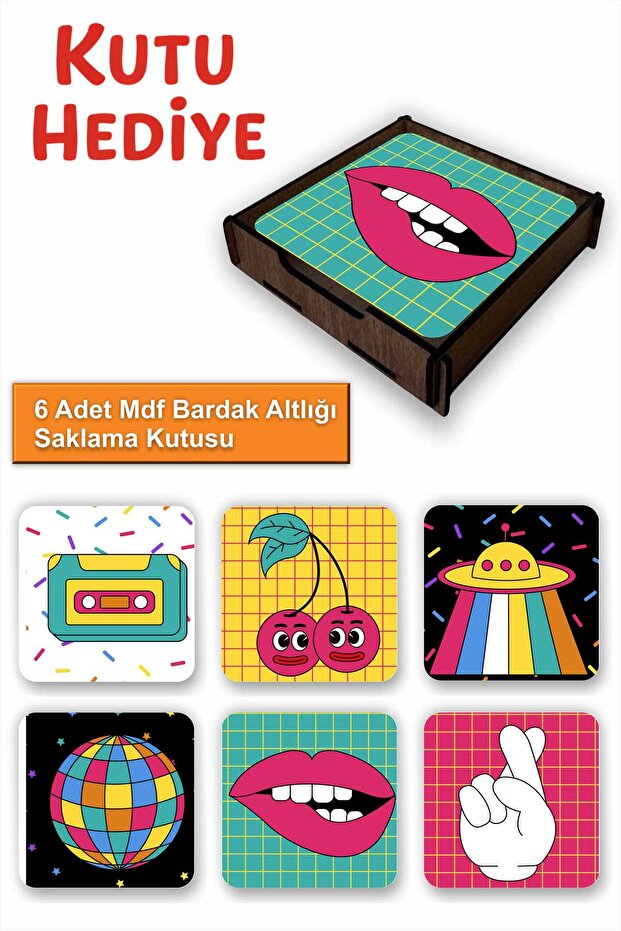 Fun Colorful Set of 6 Mdf Coasters | Colorful Pop Art Design | Wooden Box with Gift