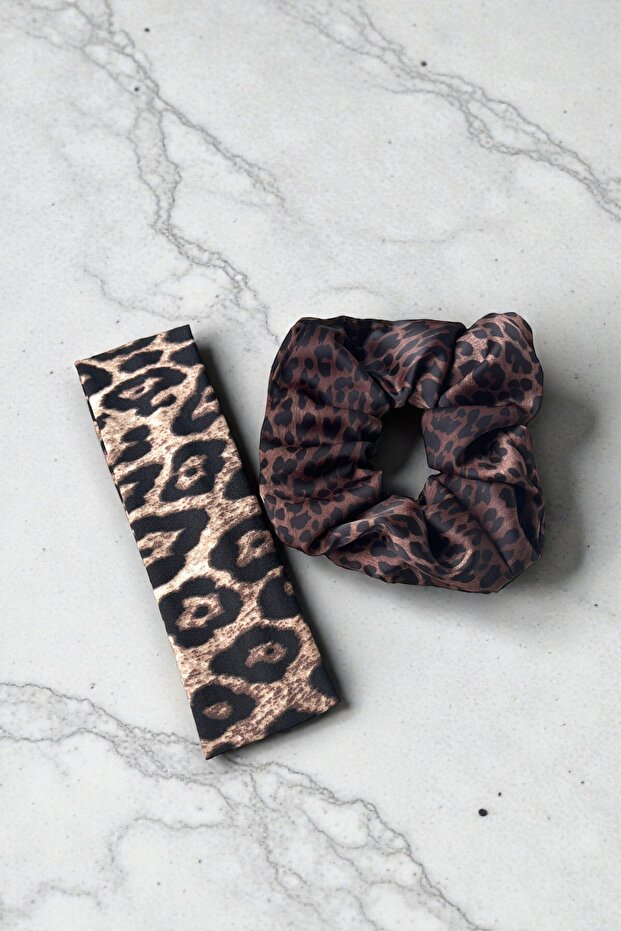 Leopard Pattern Satin Scrunchie and Bandana Set of 2 - Leopard Pattern Hair Clip Set of 2