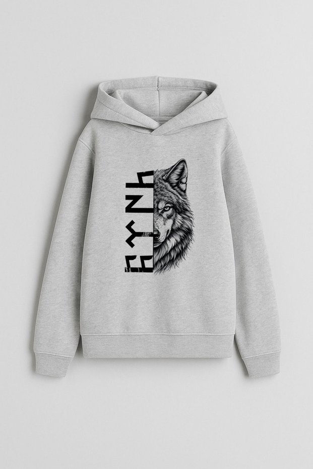 Turkish Bozkurt Göktürkçe Written Printed Gray Women Men Kids Hooded Sweatshirt Hoodie