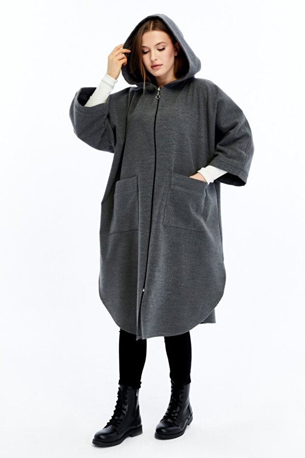 Kışlık Kapüşonlu Kaşe Panço - 6