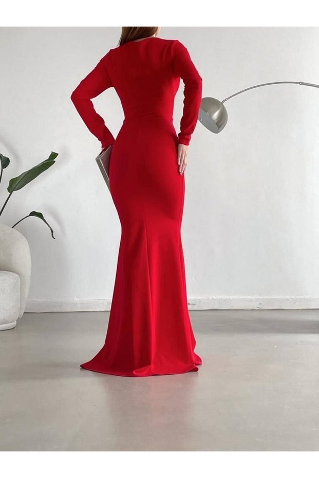 Women's V-Neck Skirt Ruffled Slit Crepe Evening Dress