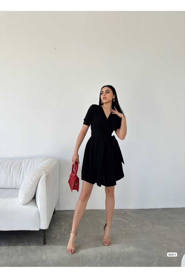 Women's Double-Breasted Collar Short Sleeve Mini Flared Dress