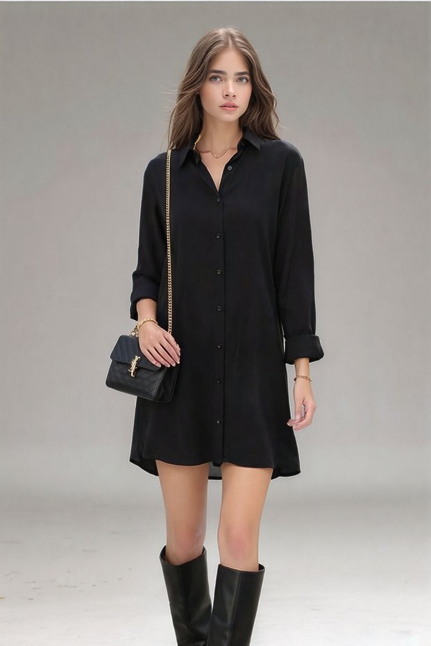 Women's Shirt Collar Front Buttoned Long Sleeve Slim Fit Woven Satin Stylish Dress
