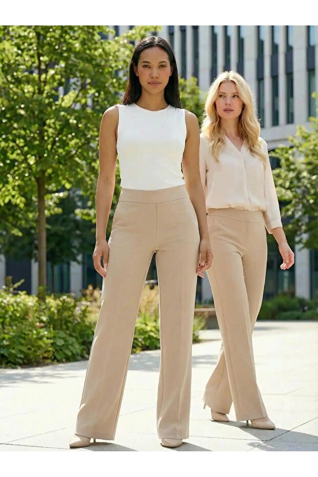 Bej Düz Boru Paça Pantolon Çelik Örme - 1