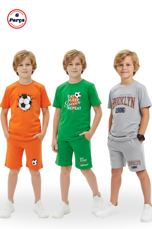 3-Piece Crew Neck Print Detailed Colorful Capri Pants Boys' 6-Piece Top and Bottom Set