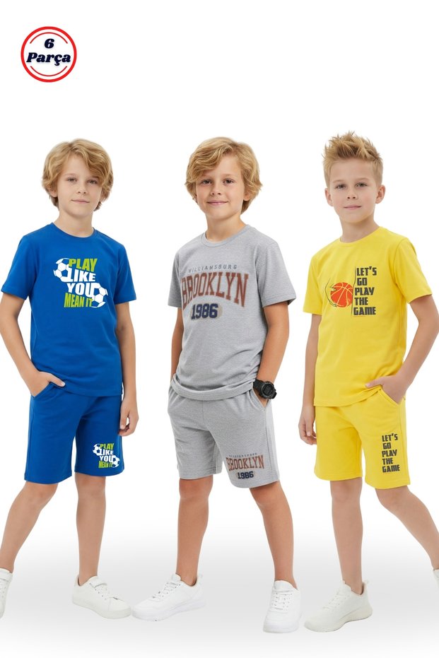 3-Piece Round Neck Print Detailed Colorful Capri Pants Boys' 6-Piece Top and Bottom Set