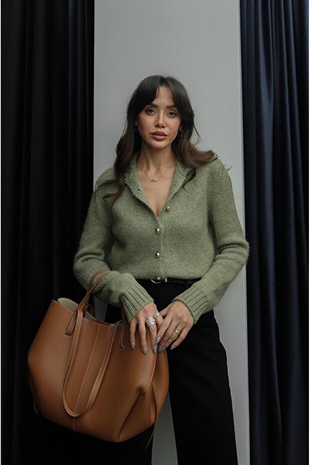 Green Top Gold Button Cardigan