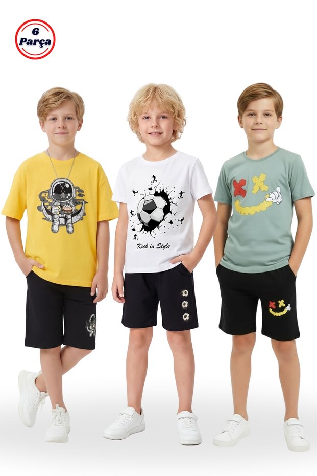 3-Piece Crew Neck Various Print Detailed Boys' 6-Piece Top and Bottom Set