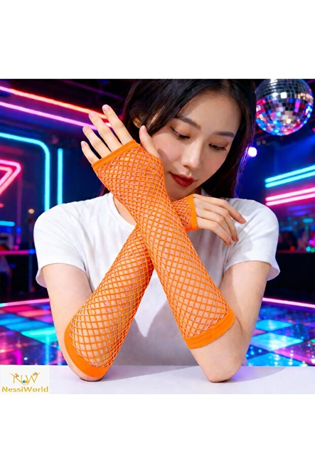 80S 90S Retro Orange Fishnet Fingerless Gloves 26 cm