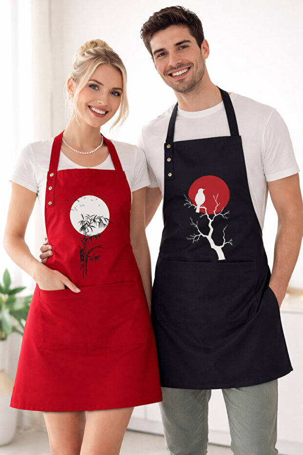 Kitchen Apron Set of 2, Stain Resistant, Water Repellent Fabric, Colorfast Print, Sun Nature Bird Pattern, Double Apron