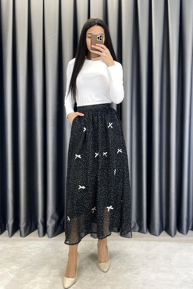 Waist Ribbon Bow Detail Chiffon Skirt - Black Black